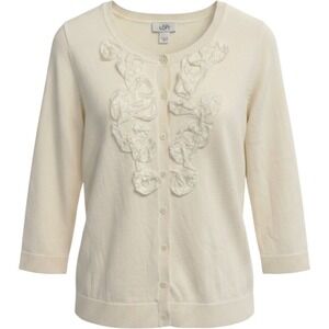 Ann Taylor Loft Cream Flower Front Button Down Cardigan Sweater Size M